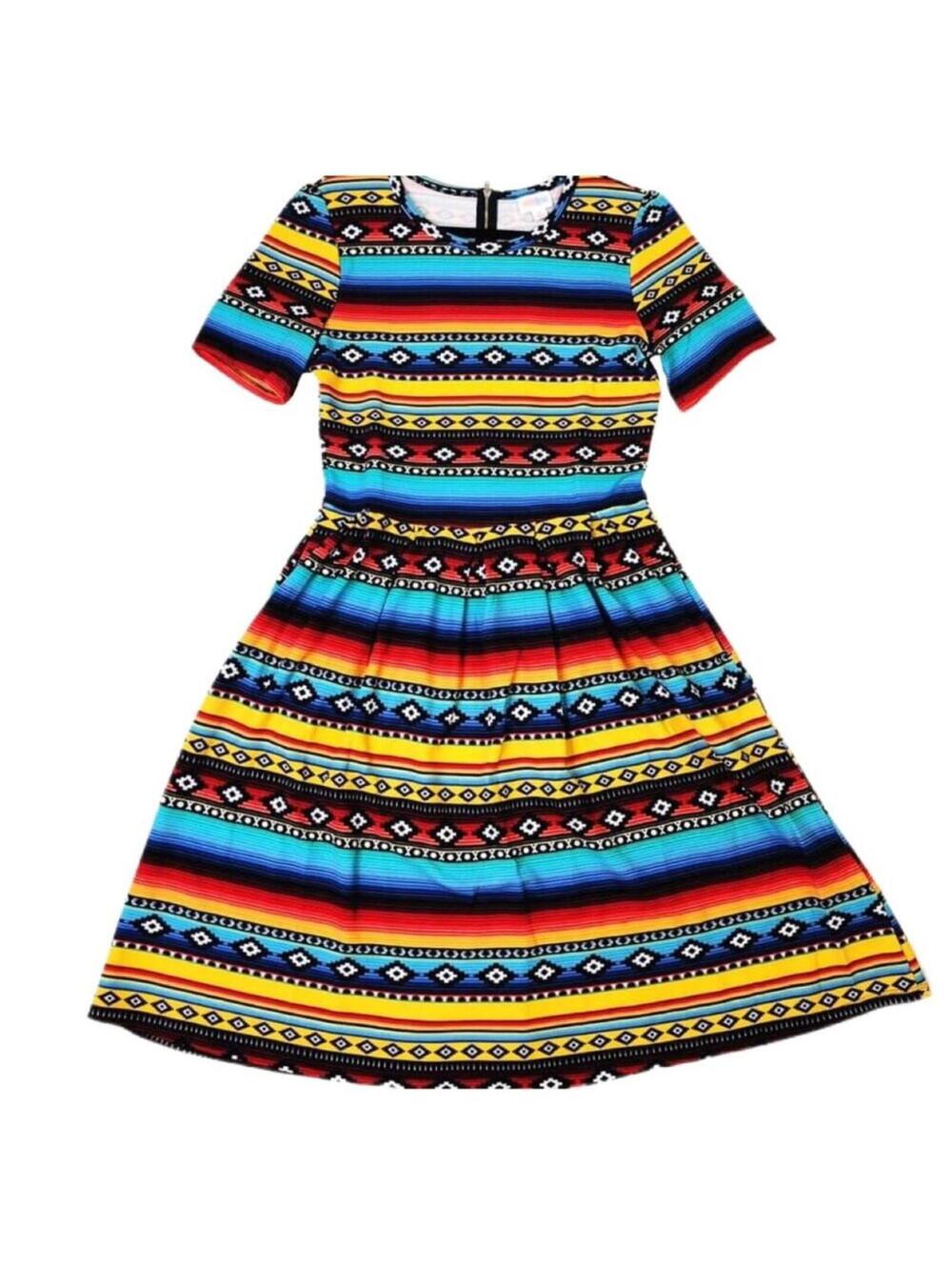 NEW MEDIUM LuLaRoe Amelia Dress Stripe Red Black Yellow Pleats Pockets Preppy